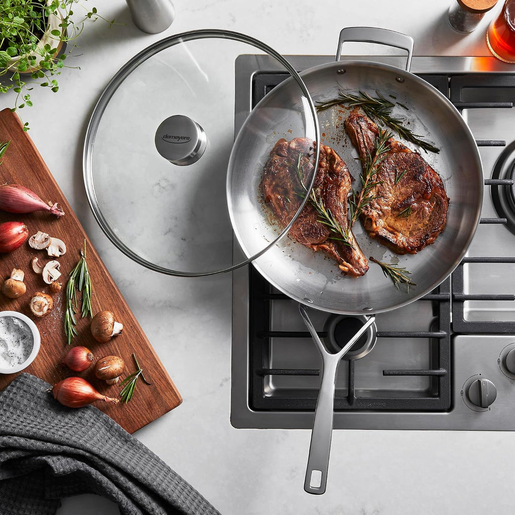 Demeyere Essential 5-ply, 18/10 Stainless Steel, Stay Cool Handle, Oven Safe, Compatible with all Cooktops, Perfect Pour Edge, 12.5-inch with Perfect Fit Lid