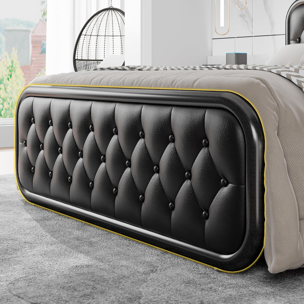 Einhomn Full Size Metal Bed Frame with Button Tufted Leather Upholstered Headboard and Footboard, U-Shape Support Foundation, No Box Spring Required, Black