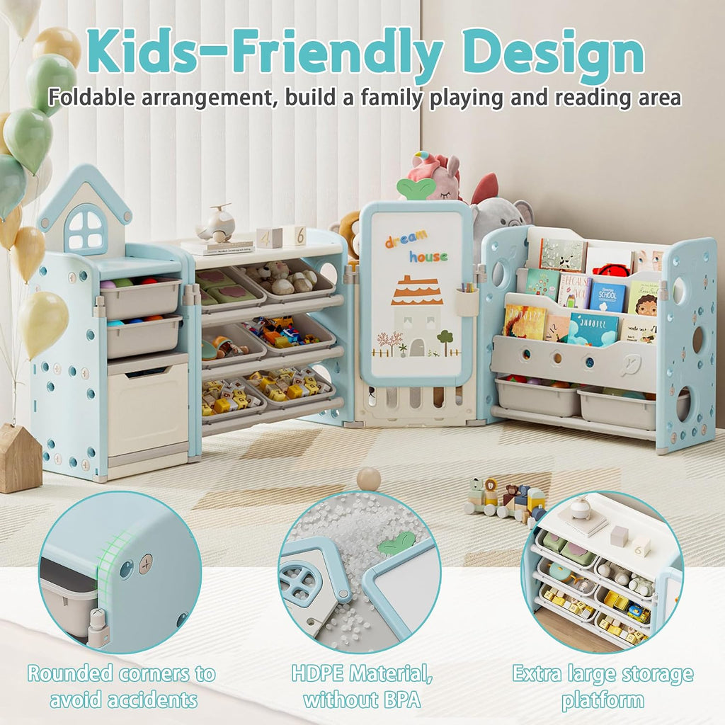 Kids Toy Storage Organizer with 10 Removable Bins, Foldable Toy Organizers and Storage with 3-Tier Bookshelf for Kids Toy Storage Organizer with Drawing Board, Extra 3 Brushes (4 In 1 Light Blue)