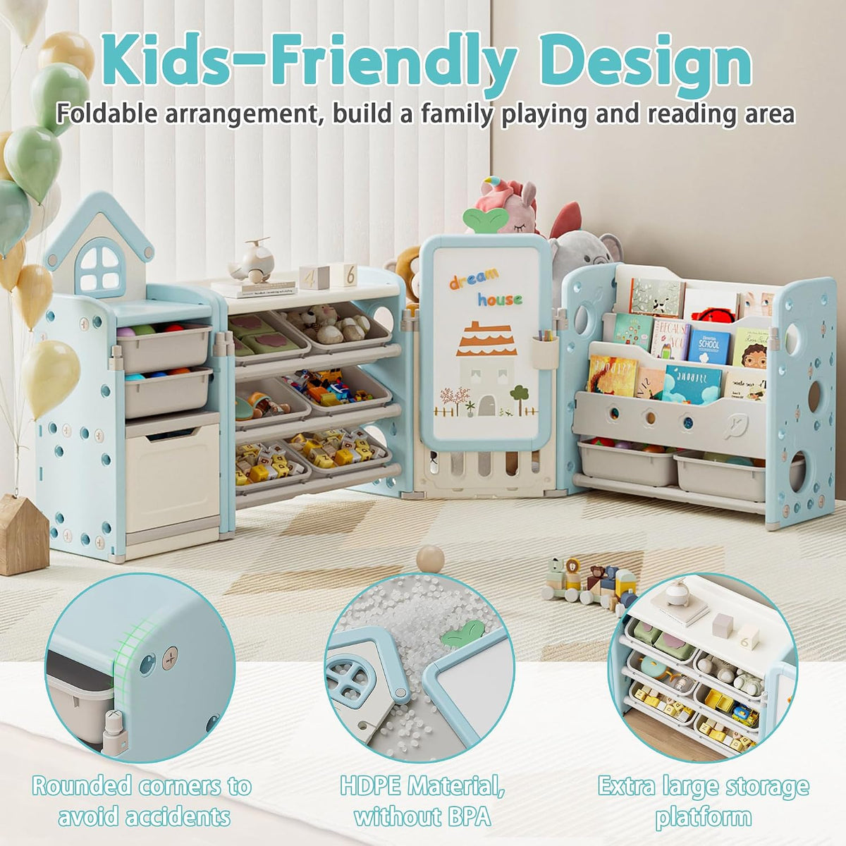 Kids Toy Storage Organizer with 10 Removable Bins, Foldable Toy Organizers and Storage with 3-Tier Bookshelf for Kids Toy Storage Organizer with Drawing Board, Extra 3 Brushes (4 In 1 Light Blue)