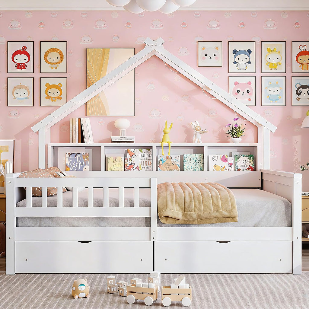 Bellemave Full Size Kids House Bed with Storage Drawers and Led Lights, Solid Wood House Frame Kids Bed with Bookshelf and Roof for Boys,Girls,White