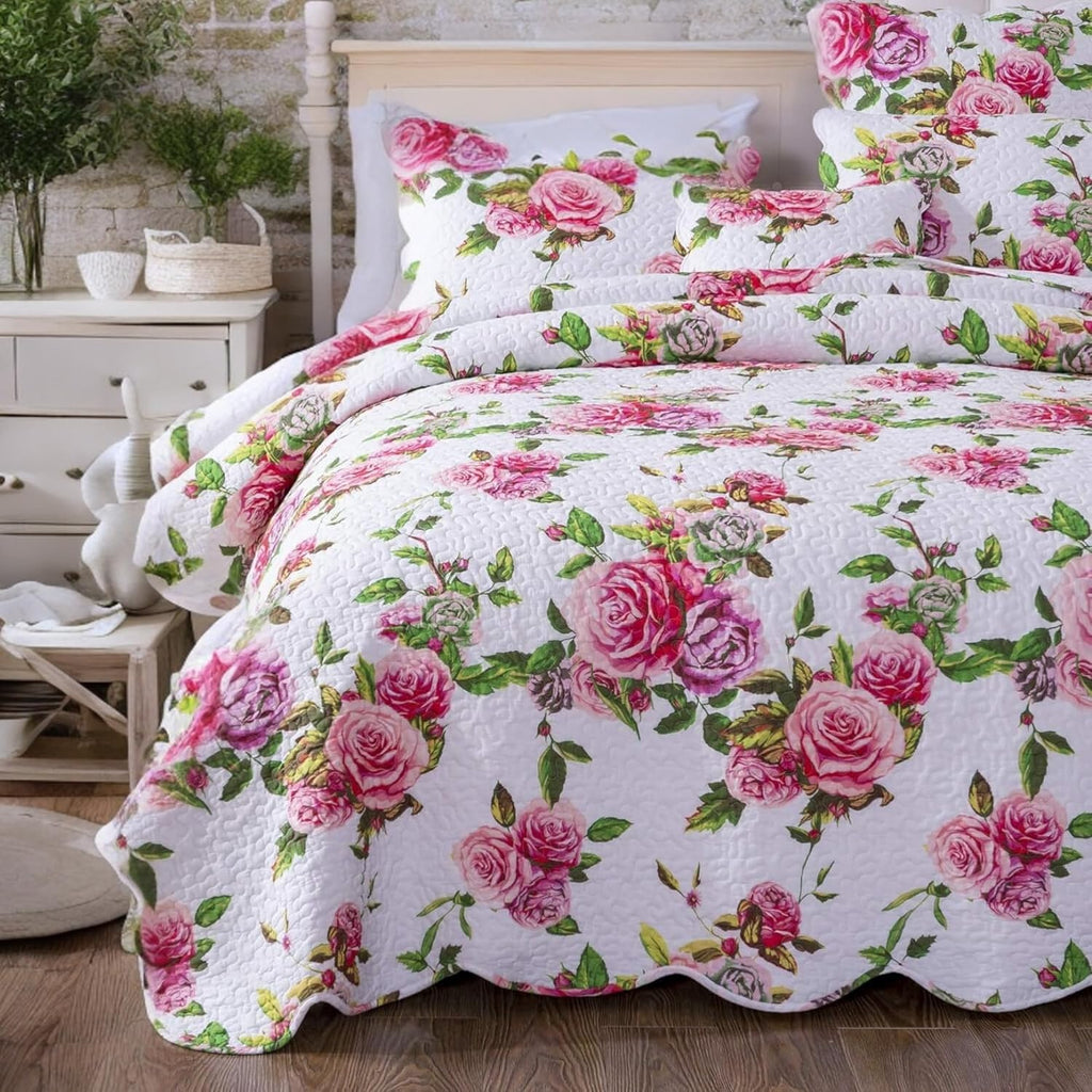 DaDalogy Bedding 10-Pieces Floral Bed in a Bag Set - Romantic Roses Lovely Blooming Pink Bedspread Fitted & Flat Sheets Set w/Throw Euro Sham Pillow Covers & Window Curtain Valance - Twin Size