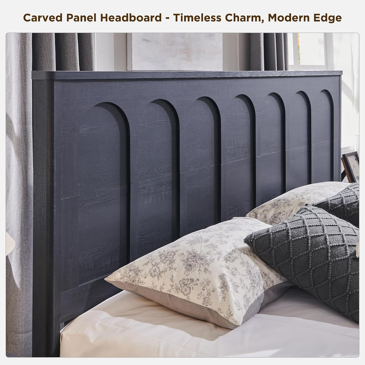 ACCOHOHO Modern King Size Bed Frame with 4 Drawers, 51' Tall Arched Recessed Headboard, Solid Wood Slats Support, Noise Free, No Box Spring Needed, Wood Platform, （Black）