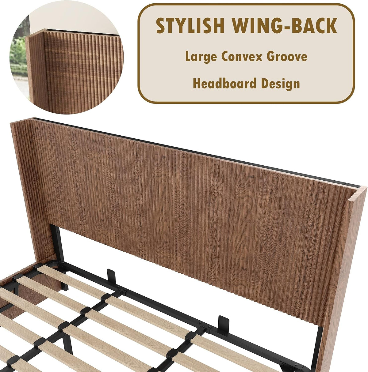 Lift Up Storage Bed King Size, King Bed Frame with Headboard and Lift Storage System, Wood Headboard with Wing-Back and Convex Groove Board Design