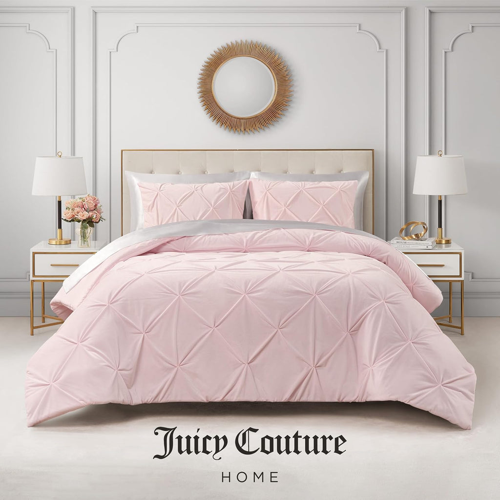 Juicy Couture Kiss Pleat Plush Micromink Light Pink King Comforter Set - Cozy 3 Piece Bedding Ensemble