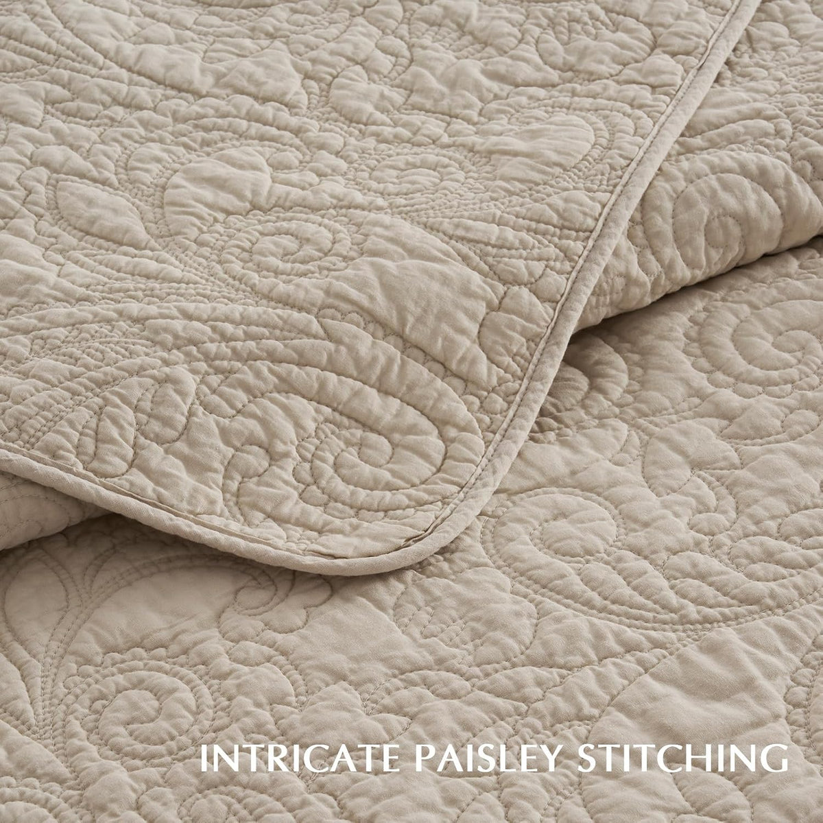 EVERGRACE 100% Cotton Paisley Quilt Set, Oversized King 3 Piece Set – Prewashed Lightweight Bedspread with 2 Shams, Soft & Breathable Matelasse-Style Quilted Coverlet, Flax Beige