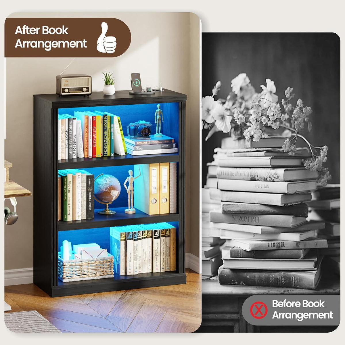 3-Tier LED Bookshelf with Motion Sensor Lights - USB Charging Module - Adjustable Modular Display Shelf 31.5 W x 43.3 H for Bedroom Living Room Home Office Gaming Room - Black