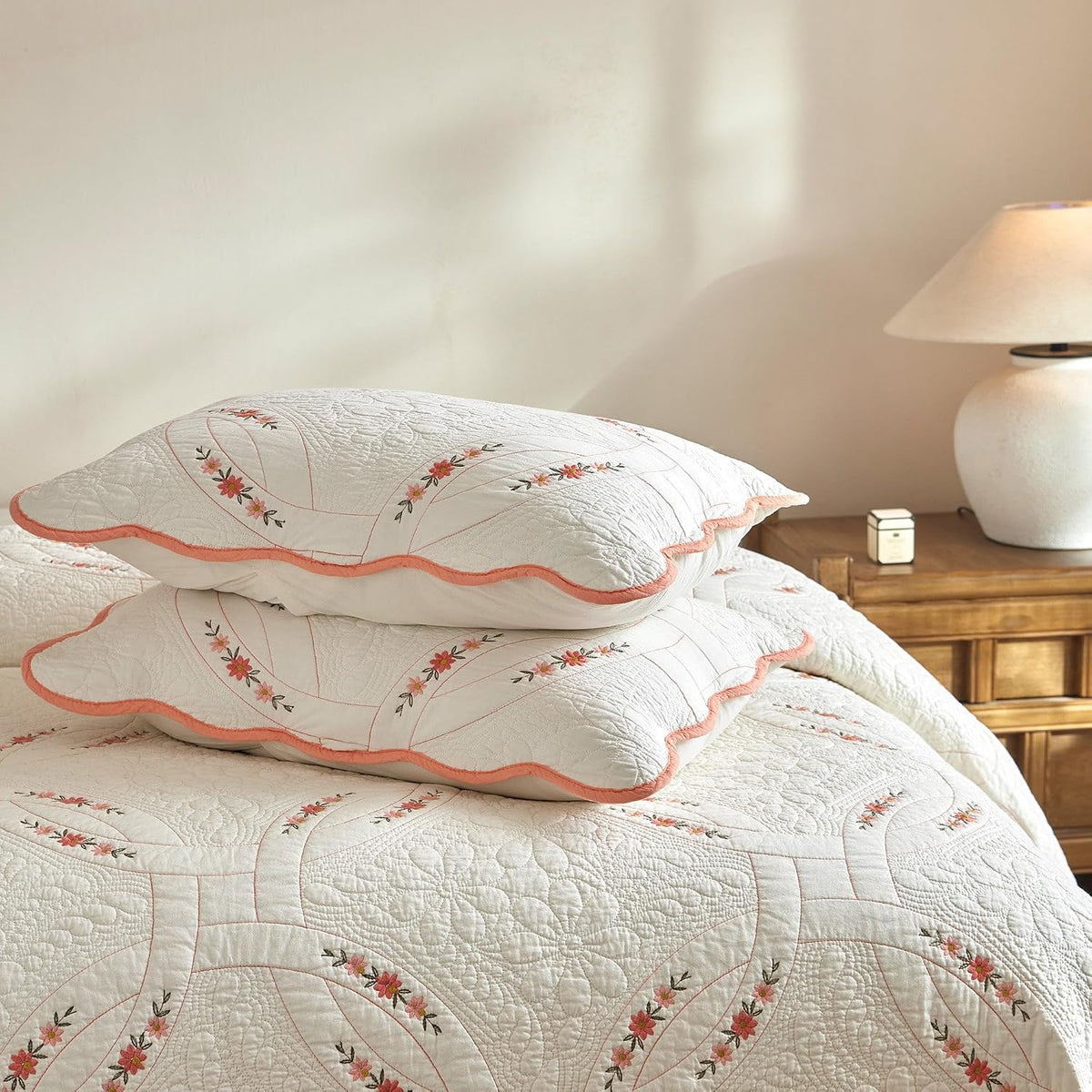 MarCielo 3Pcs Cotton French Country Quilt Bedspread Set Floral Embroidery TC151