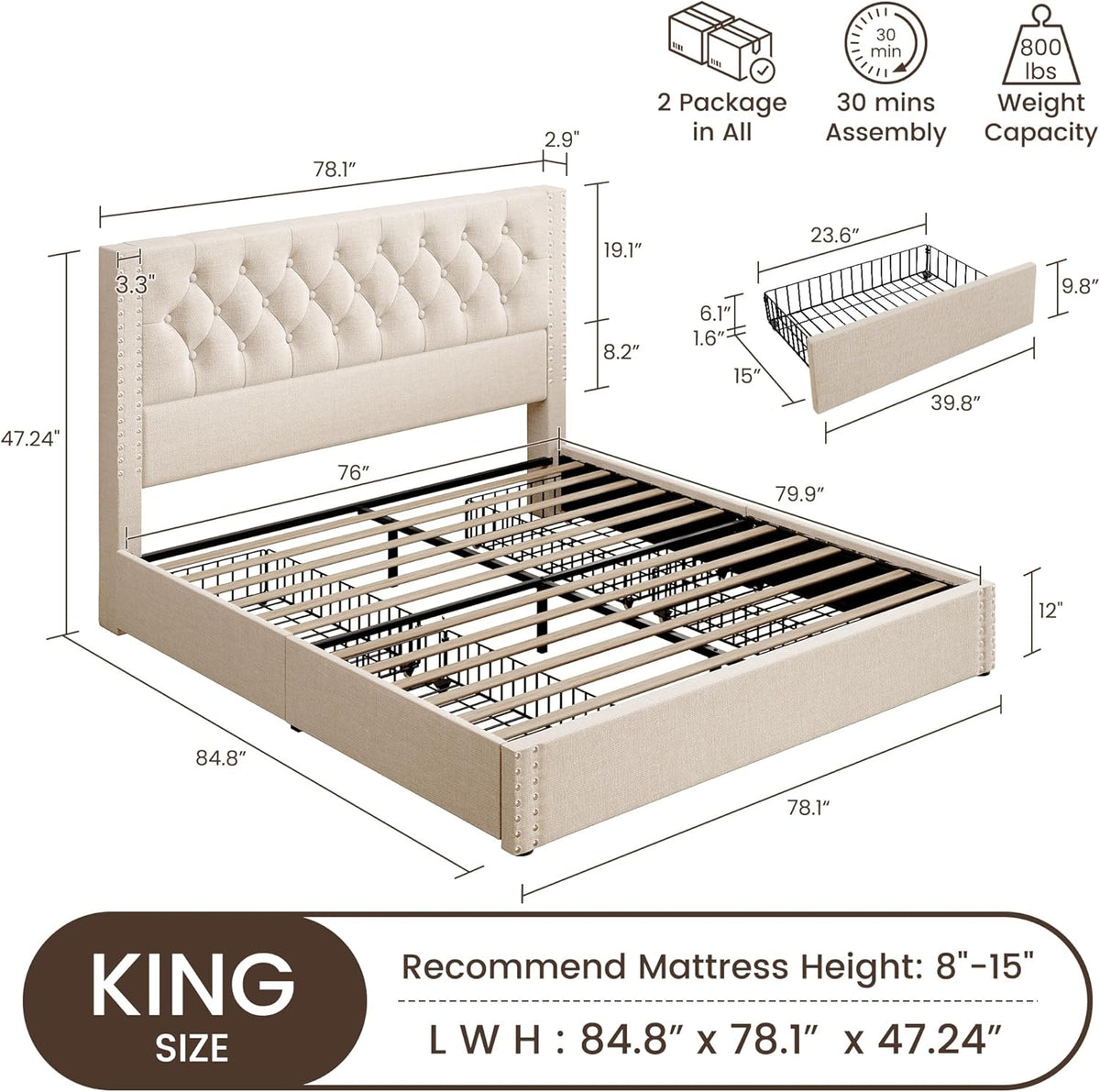 BRELTAM King Size Bed Frame with 4 Storage Drawers and Tufted Headboard Linen Upholstered Platform Bed Frame with Heavy Duty Wood Slats, No Box Spring Needed, Beige