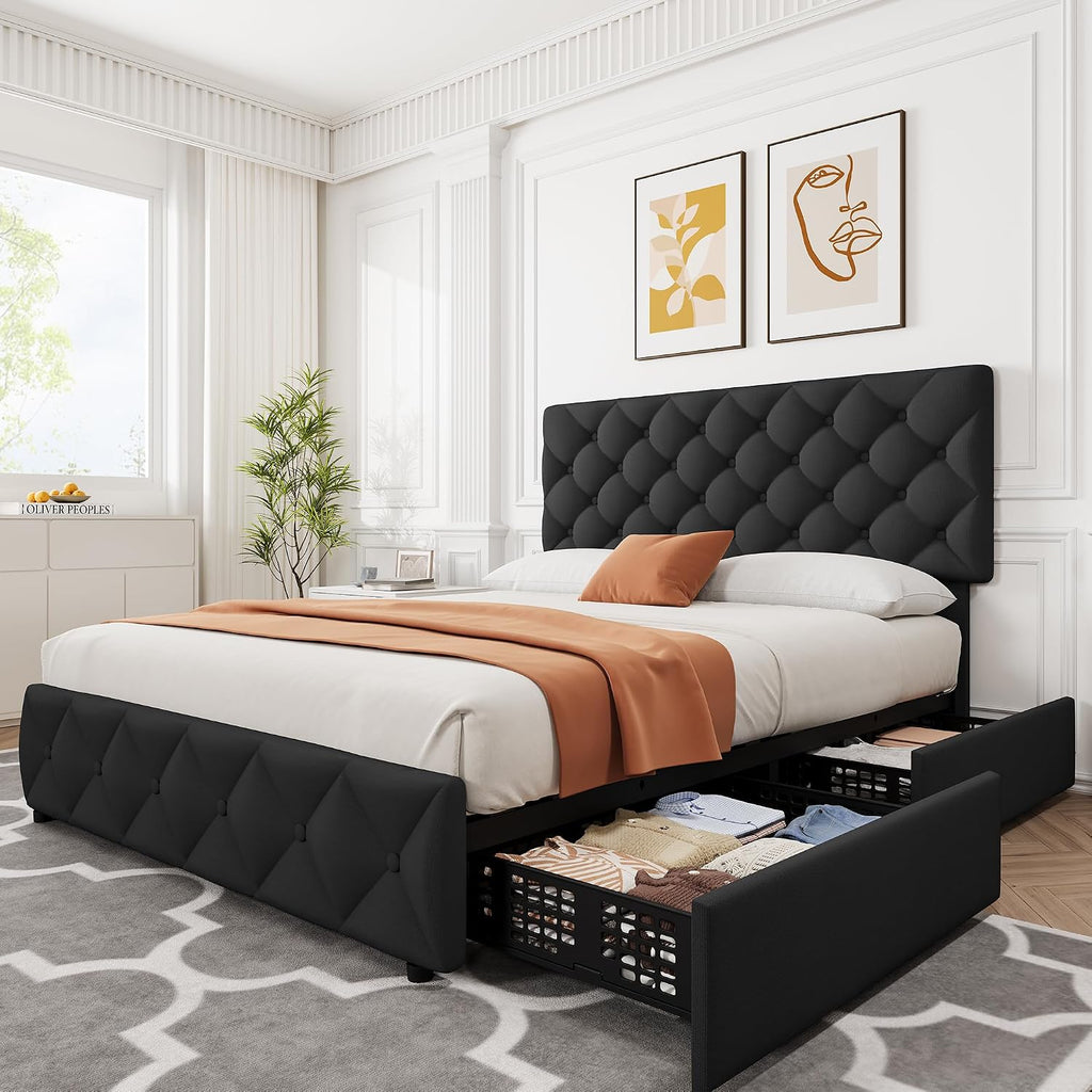 GarveeHome Full Size Bed Frame with 4 Storage Drawers and Adjustable Headboard, Linen Upholstered Platform Beds, Diamond Stitched Button Tufted, No Box Spring Needed, Black