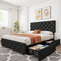 GarveeHome Full Size Bed Frame with 4 Storage Drawers and Adjustable Headboard, Linen Upholstered Platform Beds, Diamond Stitched Button Tufted, No Box Spring Needed, Black