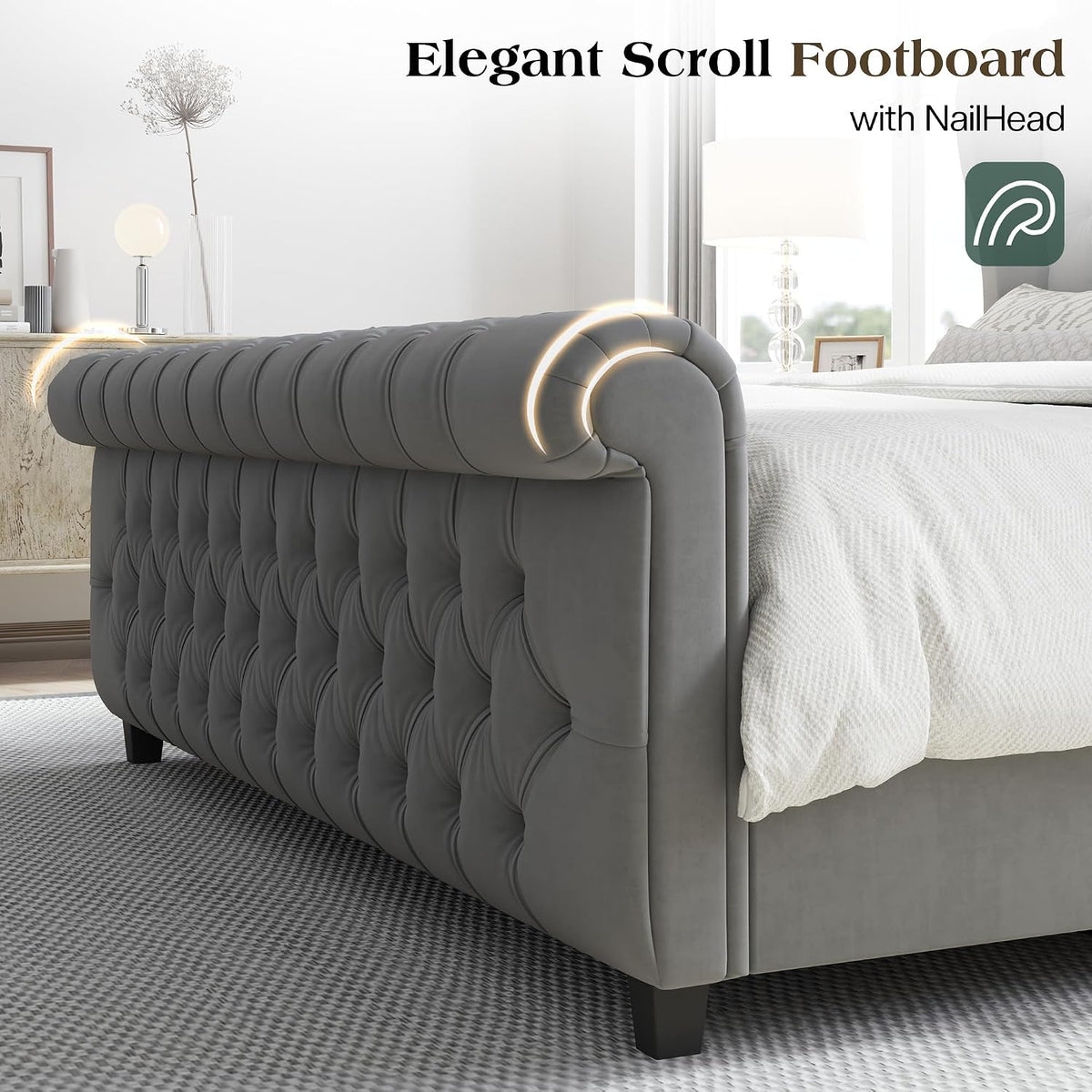 LUXOAK King Size Platform Bed Frame, Velvet Upholstered Sleigh Bed with Curved Headboard & Footboard, Deep Button Tufted, Wood Slats Support, No Box Spring Needed, Grey