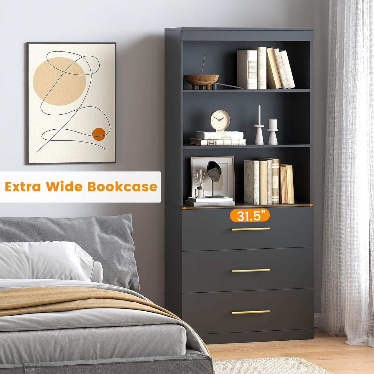 Winkalon 71' Tall Black Bookshelf with Drawers, Bookcase and Bookshelf with 3-Tier Open Shelves, Tall Bookcase Tall Storage Cabinet for Home Office Living Room, 13.8' D x 31.5' W x 71' H