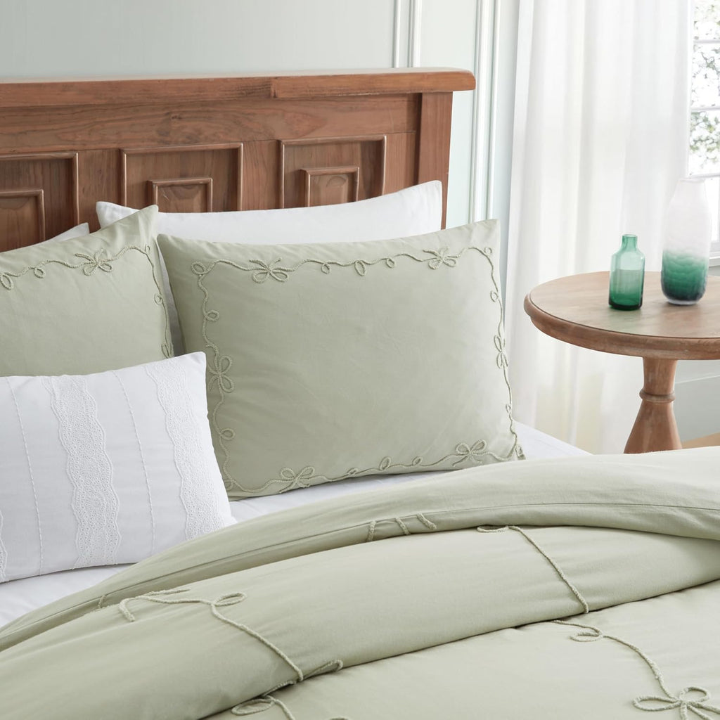 Peri Home Bows Duvet Cover Set 100% Cotton 3-Piece Bedding, King, Green Sasha Bows