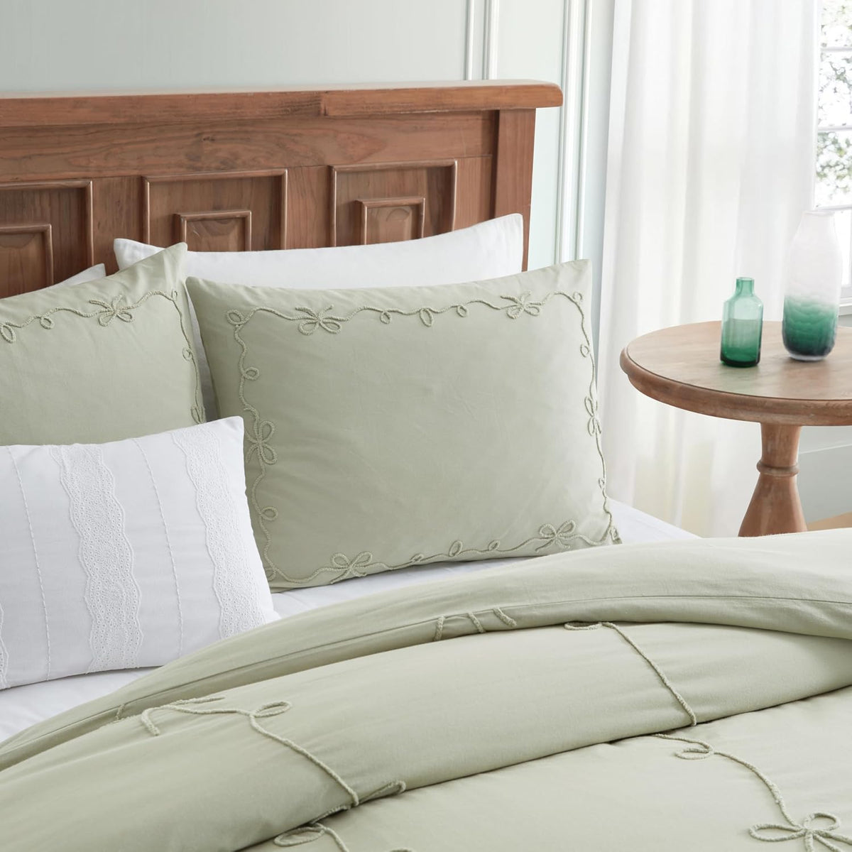 Peri Home Bows Duvet Cover Set 100% Cotton 3-Piece Bedding, King, Green Sasha Bows