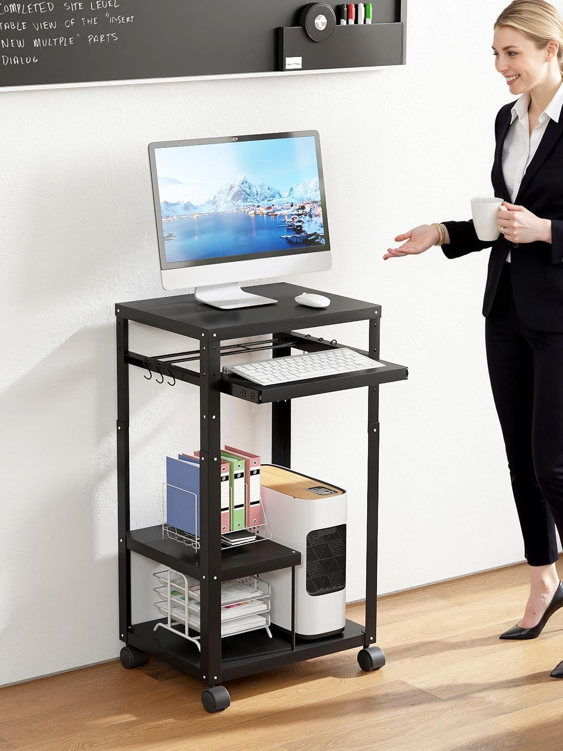AV Presentation Cart with Keyboard Tray Mobile AV Cart Stand Metal Media Cart with Wheels for Projector Height Adjustable Computer Workstation Presentation Cart for School Classroom Office