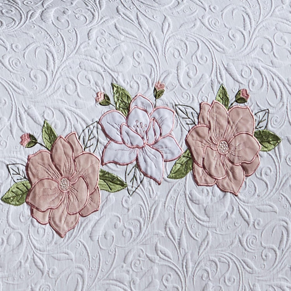 Lovington Floral Luxury Matelasse Bedding | Pink and White Velvet Flower Appliques | 7-Pc Textured Scroll Lightweight Bed Set: Oversized Queen Coverlet, Bedskirt, 2 Standard Shams, & 3 Accent Pillows