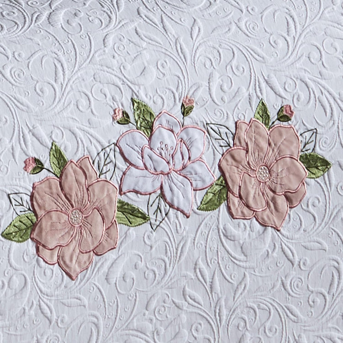 Lovington Floral Luxury Matelasse Bedding | Pink and White Velvet Flower Appliques | 7-Pc Textured Scroll Lightweight Bed Set: Oversized Cal King Coverlet, Bedskirt, 2 King Shams, & 3 Accent Pillows