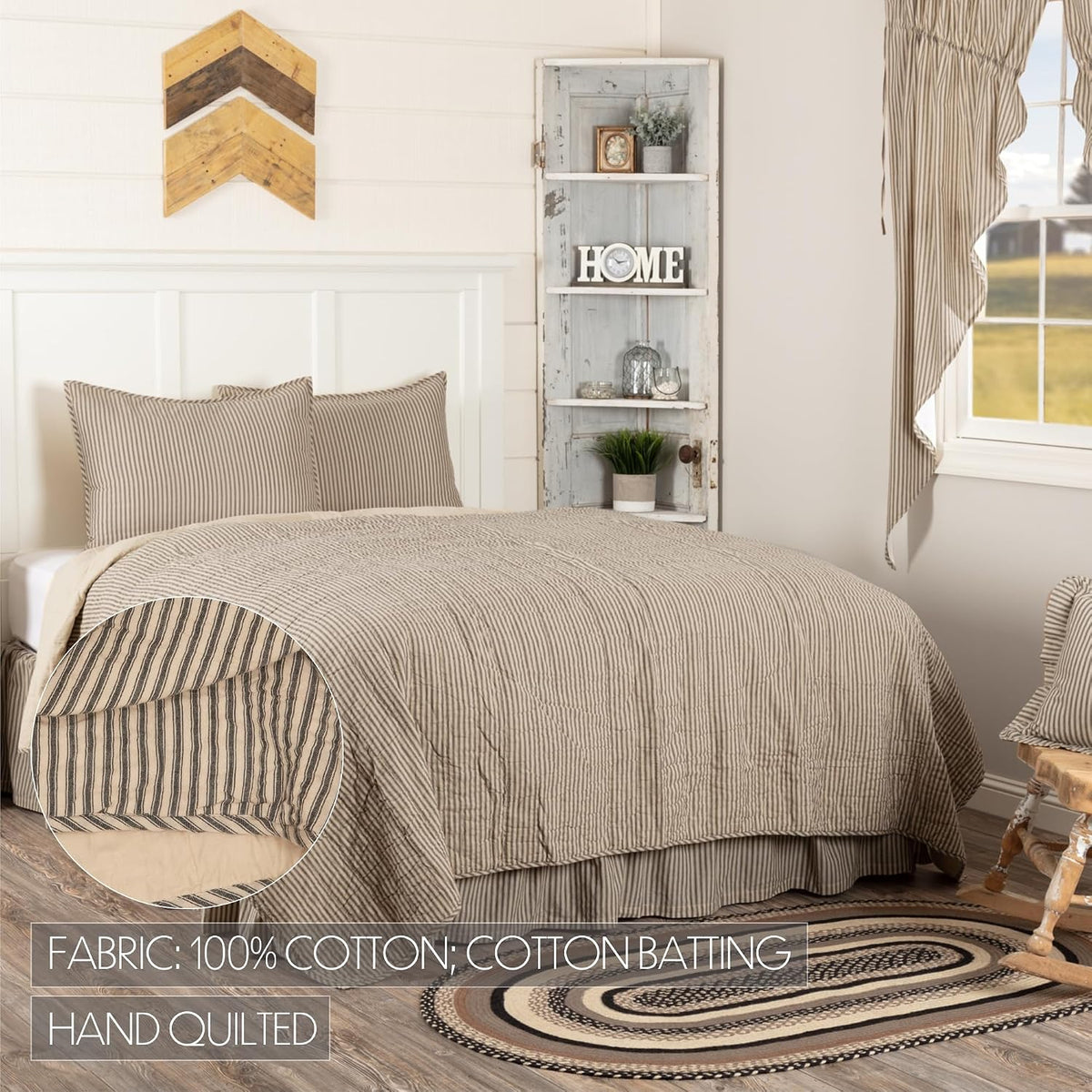 VHC Brands Sawyer Mill Ticking Stripe California King Quilt Set, Charcoal Gray