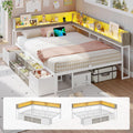 VIAGDO Corner Bed Frame Full with Storage Bookcase and 6 Drawers, Metal Platform Corner Bed Frame with LED Lights and Charging Station, Full Daybed for Kids Teenagers, White & Grey