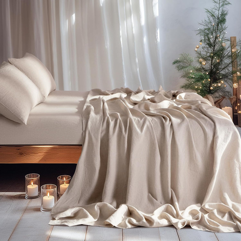 LBRO2M 100% Pure Linen Sheet Set Deep Pocket Up to 16' Bed Sheets Sets, Natural Flax Beddings Soft, Breathable, Comfortable for All Seasons 4 Pcs Sheet Set King Size, Linen Color