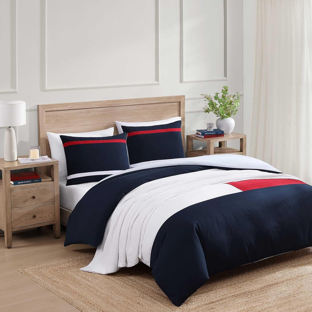 Tommy Hilfiger - Twin Comforter Set, Ultra-Soft Seersucker Bedding with Matching Sham, Reversible Design, Medium Weight, Americana Decor with Flag Design (Iconic Anniversary Blue)