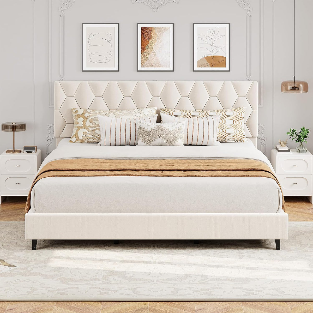 GarveeHome Cal King Bed Frame with Adjustable Headboard, Modern Linen Upholstered Platform Bed Frame with Wood Slats Support, No Box Spring Needed, Easy Assembly for Bedroom Apartment, Beige