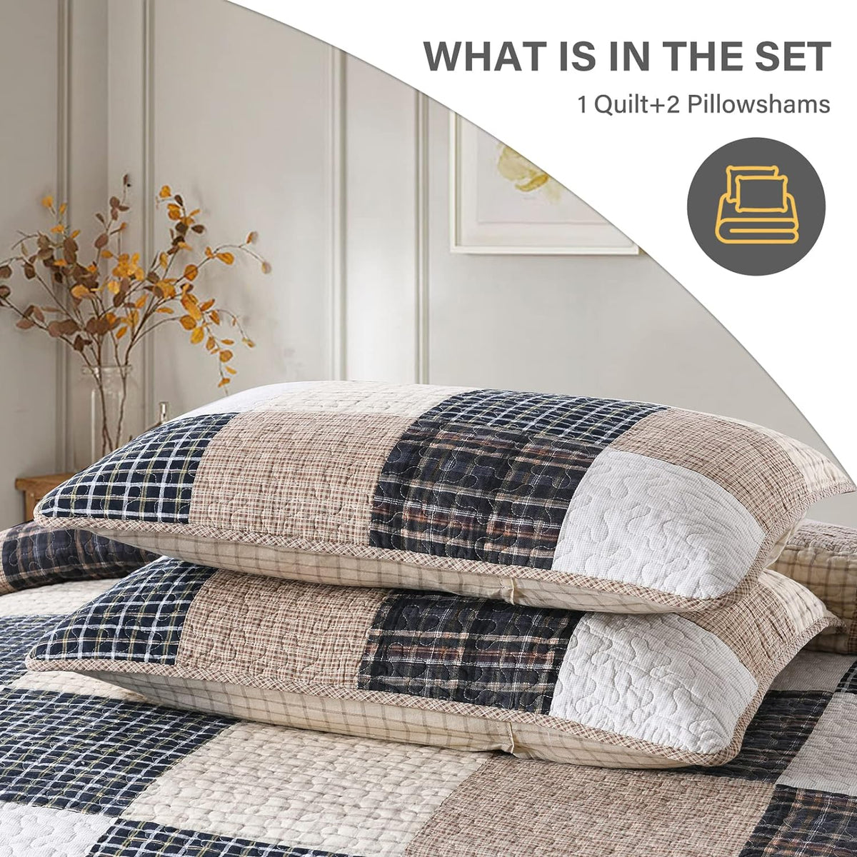 SahSahCasa Quilt Queen Size, Queen Quilt Set, 100% Cotton Queen Quilted Bedding Set Bedspread, Patchwork Farmhouse Quilts, Plaid Lightweight Rustic Comforter for Queen Bed, Beige, for All Season