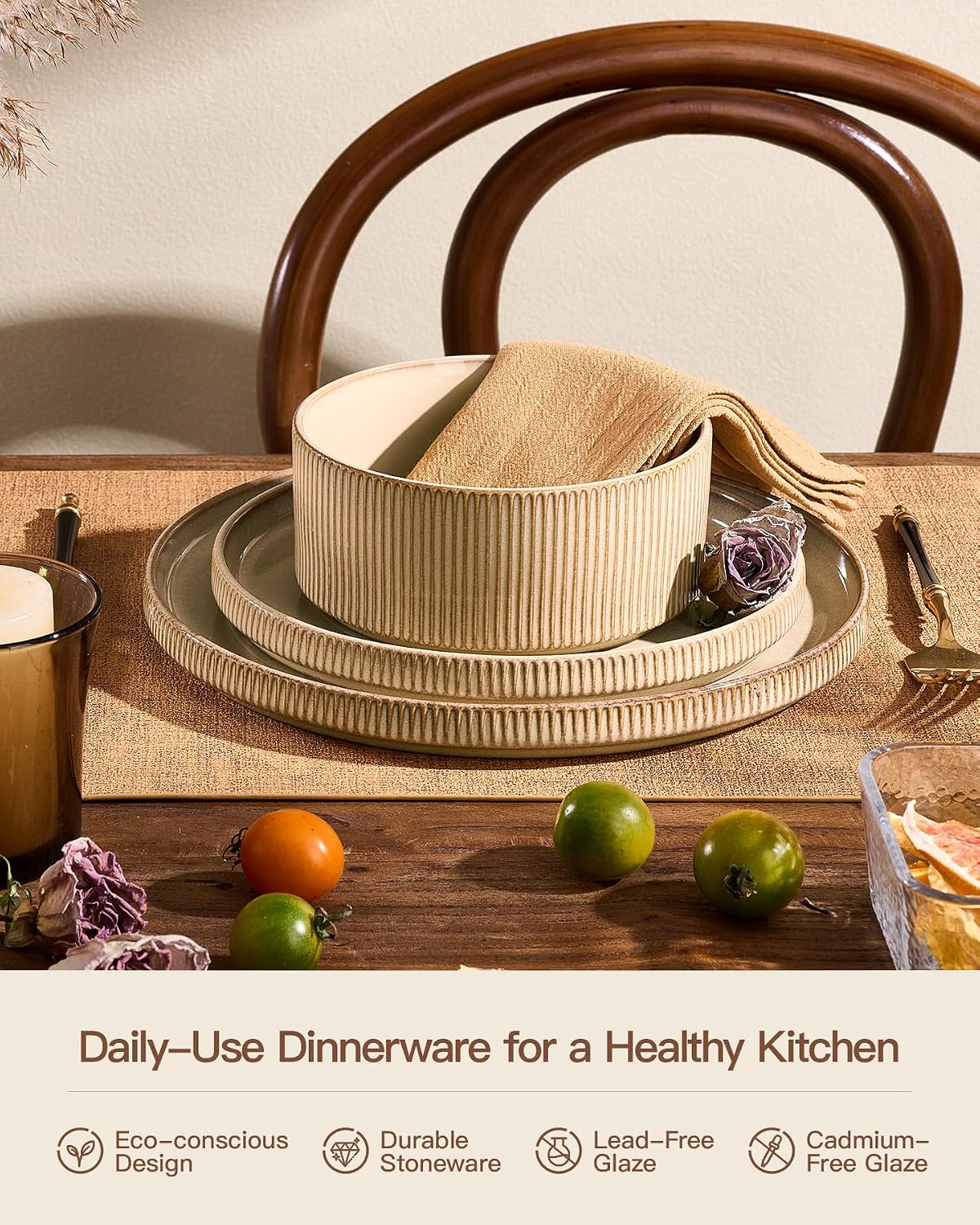 Stoneware Plates and Bowls Dishes Sets Service for 6 (18-Piece), Famiware Premium Handcrafted Reactive Glaze Dinnerware Set with Raised Rim, Scratch Resistant, Microwave Dishwasher Safe, Cream