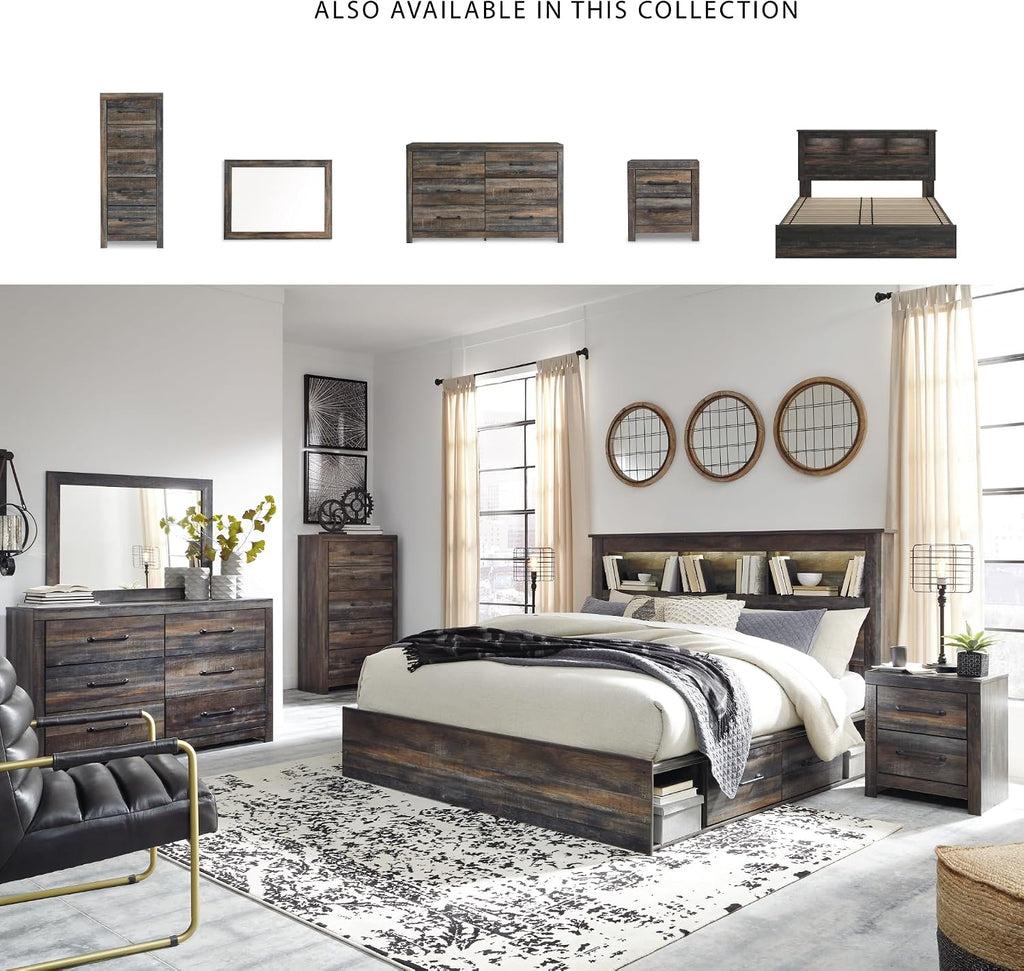 Signature Design by Ashley Drystan Rustic King Bookcase Bed with 4 Storage Drawers, Open Cubbies and LED Light, Foundation or Box Spring Not Needed, Dark Brown & Gray