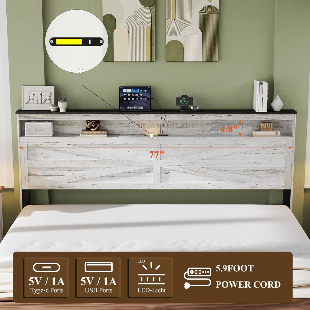 Farmhouse King Size Bed Frame with Headboard Storage Shelf, Wood Platform Bed Frame with LED Lights & Charging Station, Rustic White Metal Bed, No Box Spring Needed, Noise-Free Sturdy Structure