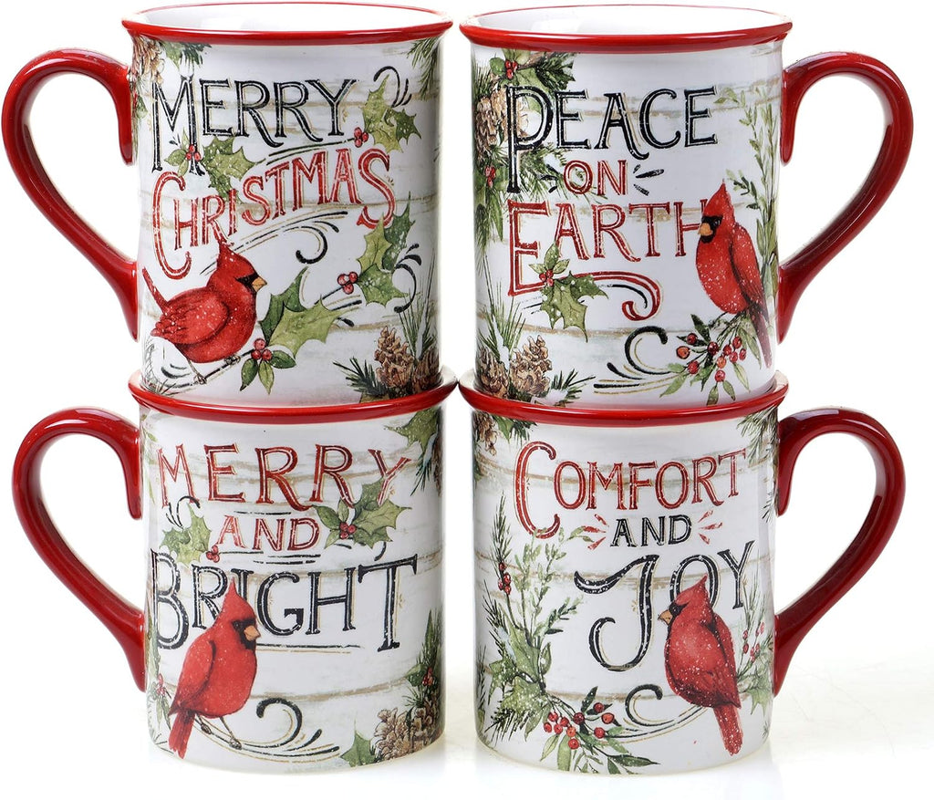 Evergreen Christmas 16-Piece Dinnerware Set – Ceramic Holiday Plates, Bowls & Mugs with Cardinal & Script Design – Service for 4 – Festive Dining for Christmas Gatherings