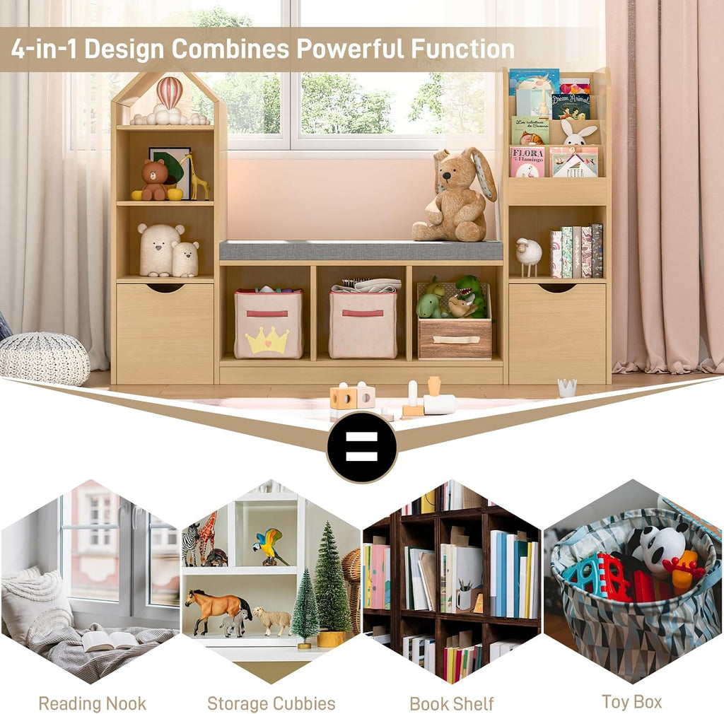 Befrases 55.12''Kids Bookshelf with Reading Nook, Toy Storage Organizer with Seat Cushion and 2 Movable Drawers, Kids Bookcase Toy Organizers with 7 Storage Cubbies, for Playroom, Bedroom, Oak