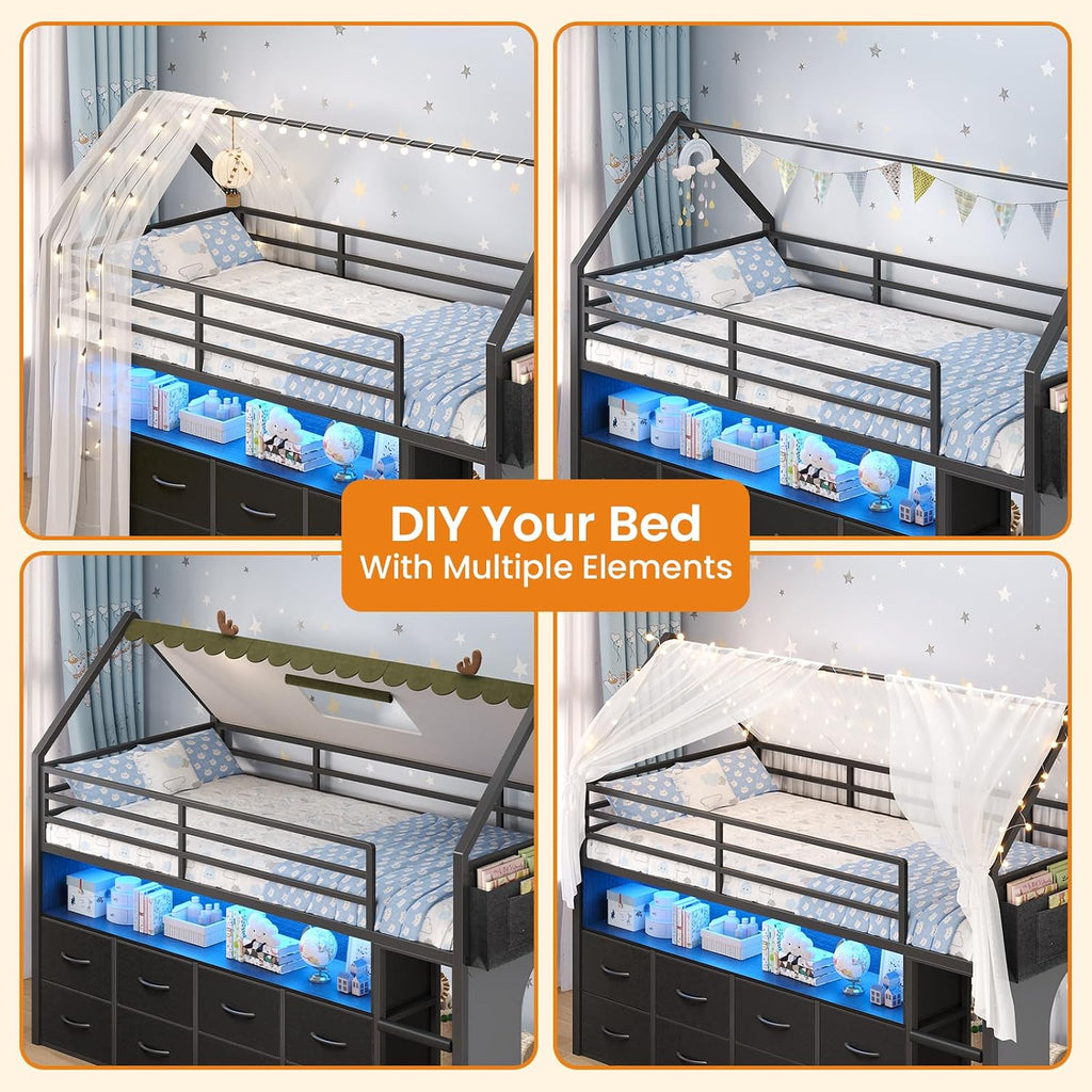 BTHFST Twin Size Loft Bed for Kids, 8 Storage Drawers & LED Lights, House Shaped Metal Bed with Bookcase, Soft Foam Ladder, 13.4' Safety Guardrail, Space Saving, Fun Curtain