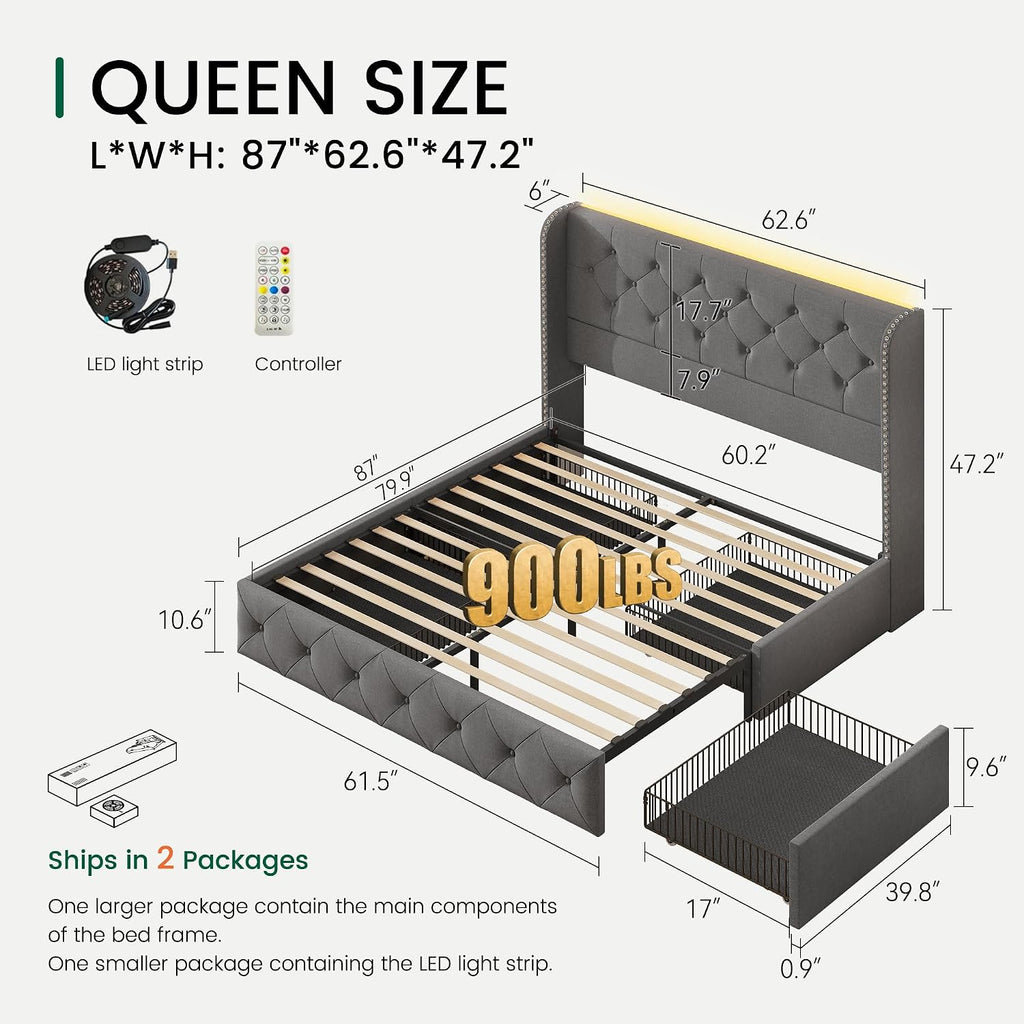 LARMACE Queen Size Bed Frame with LED Lights and 4 Storage Drawers Linen Upholstered Platform Bed Frame with 47.2' Tall Tufted Headboard Wingback, No Box Spring Needed, Easy to Assemble, Grey