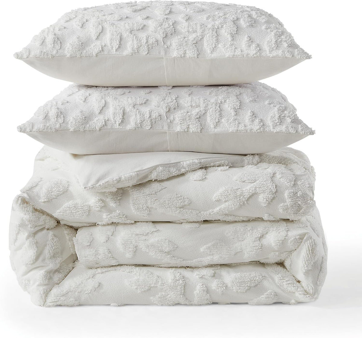 Peri Home 100% Cotton 3-Piece Duvet Cover and Sham Set, Full/Queen, White Chenille Laurel