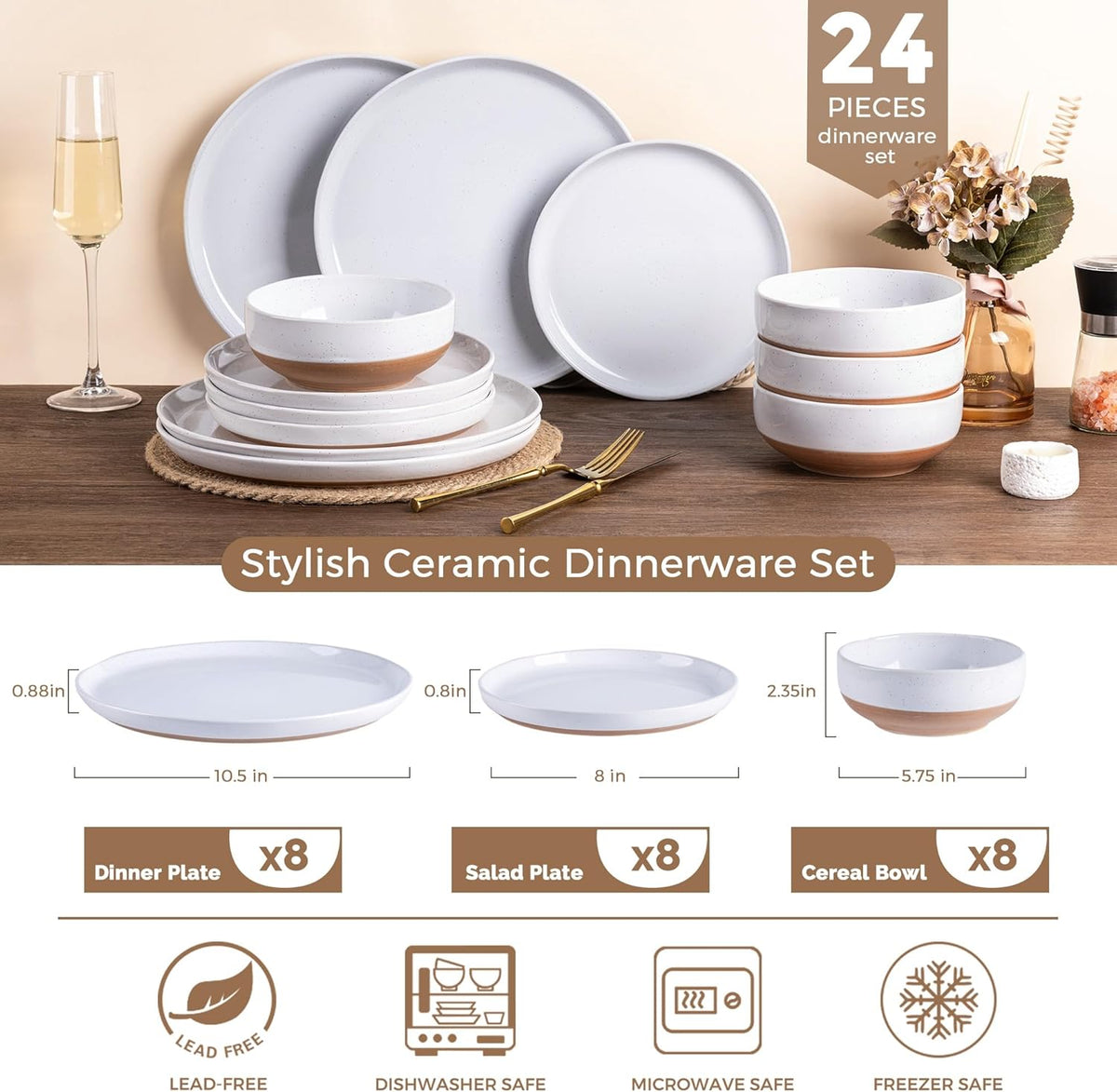 AmorArc Ceramic Dinnerware Sets for 8, 24 Pieces Handpainted Plates and Bowls Set with Rustic Terracotta Underside, Scratch Resistant Stoneware Dishes Set, Dishwasher & Microwave Safe, White