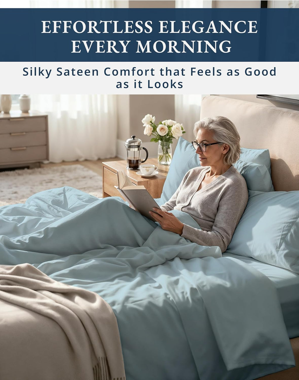 100% Egyptian Cotton Queen Size Sheet Set - 1000 Thread Count Silky Sateen Weave Naturally Breathable & Durable Winter Comfort, Hotel Soft Luxury Comfort with 15' Deep Pocket Queen Sheets -French Blue