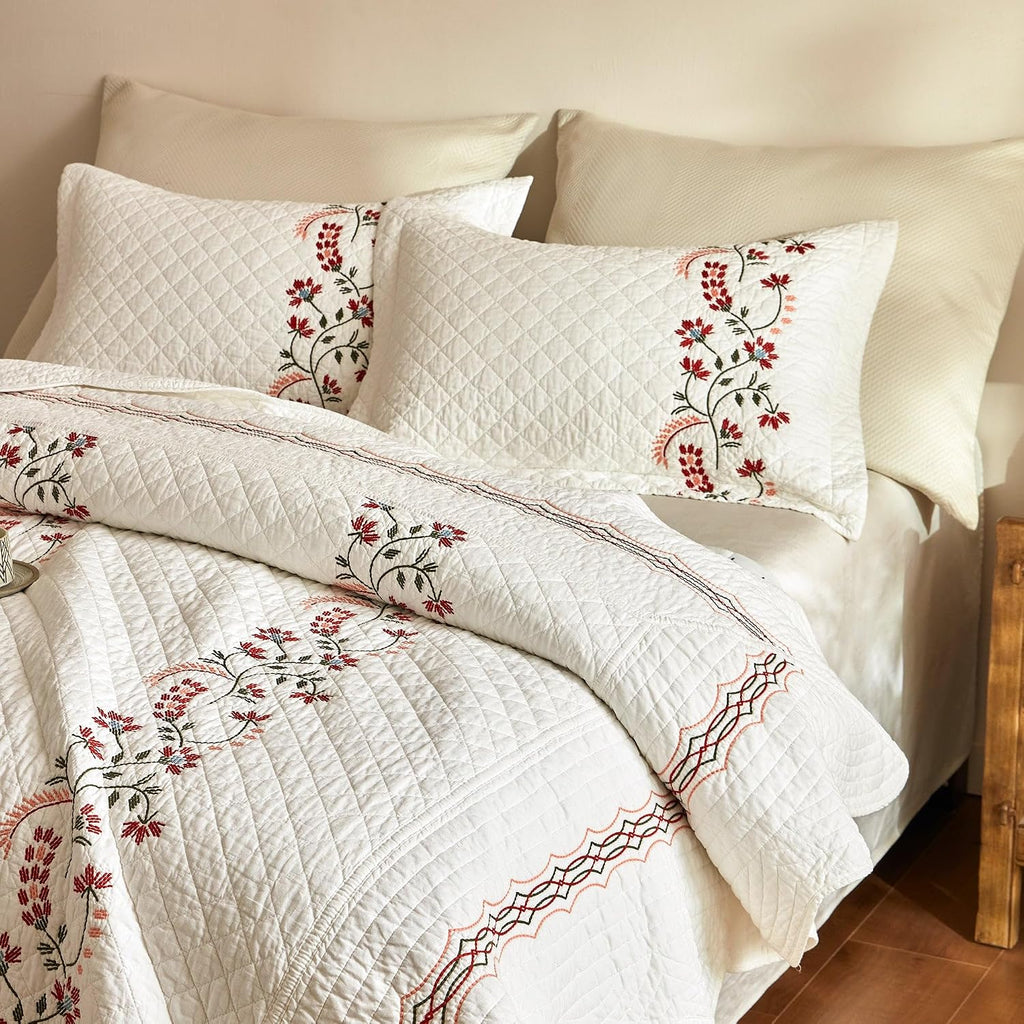 MarCielo 3Pcs Cotton European Folk Embroidered Quilt Bedspread Set Modern Farmhouse Style TC155