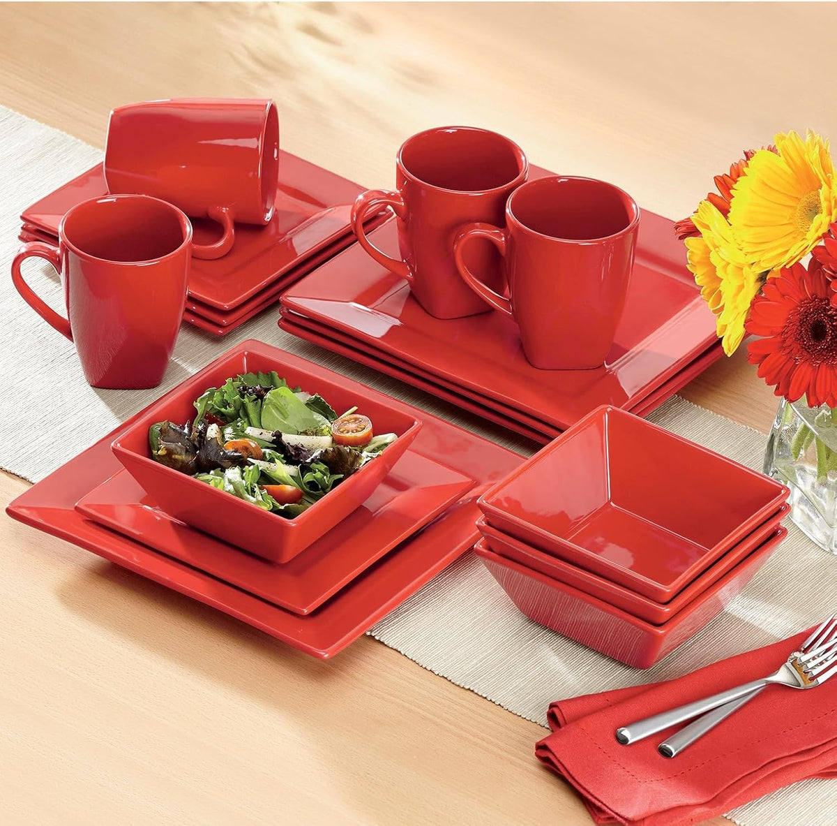 Montgomery Ward 16-Piece Sleek Red Square Dinnerware Set for 4 - Modern Stoneware Plates and Bowls Set (Red)