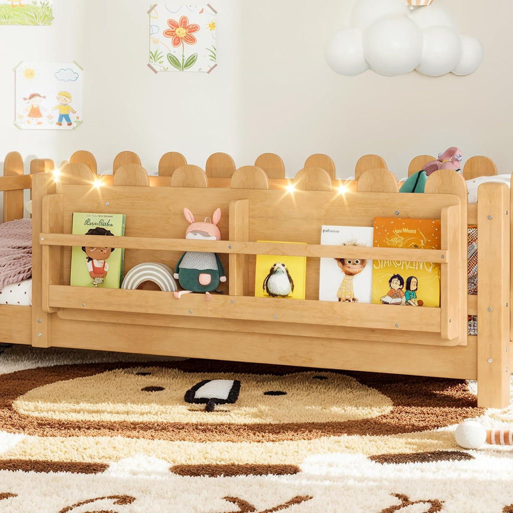 Bellemave Twin Floor Bed with Rails and Slats, Twin Size Montessori Floor Bed with Bookshelf, Fence and Lights, Low Profile Montessori Beds Frame for Girls, Boys, Light Natural
