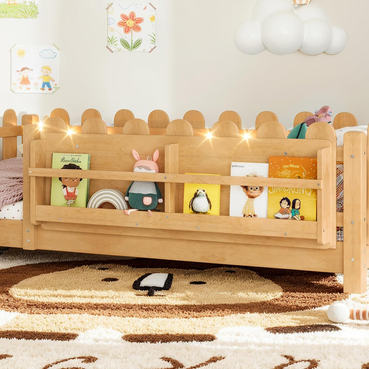 Bellemave Twin Floor Bed with Rails and Slats, Twin Size Montessori Floor Bed with Bookshelf, Fence and Lights, Low Profile Montessori Beds Frame for Girls, Boys, Light Natural