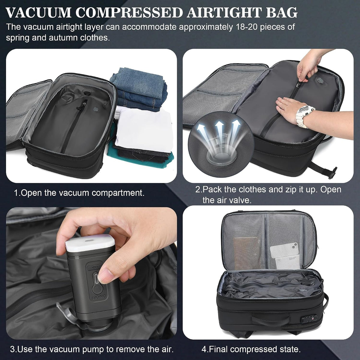 POSO Vacuum Backpack Travel – Expandable Compression Carry On Backpack with Vacuum Pump, Water-Resistant TSA Lock Travel Bag, 17' Laptop Backpack for Men Women, Business Airplane Flight Luggage