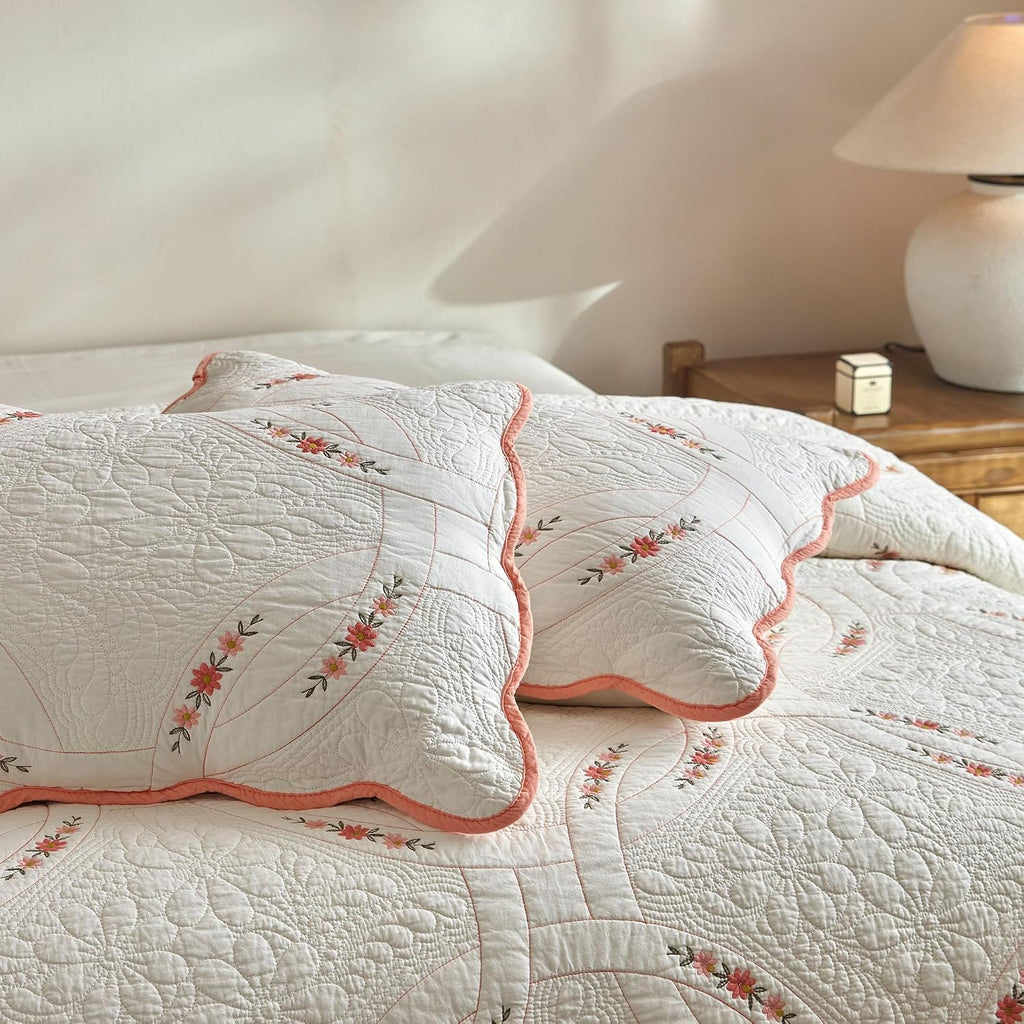 MarCielo 3Pcs Cotton French Country Quilt Bedspread Set Floral Embroidery TC151
