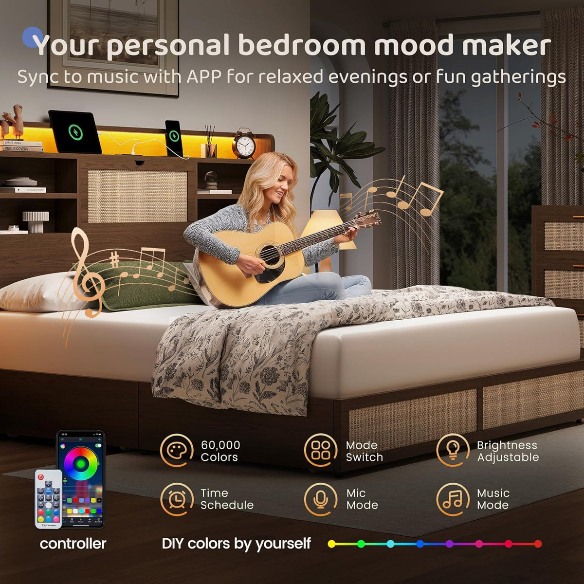 BRELTAM Queen Size Rattan Bed Frame with 4 Storage Drawers and Hidden Storage Headboard Wooden Platform Bed Frame with LED Lights and Charging Station, No Box Spring Needed, Easy Assembly, Brown