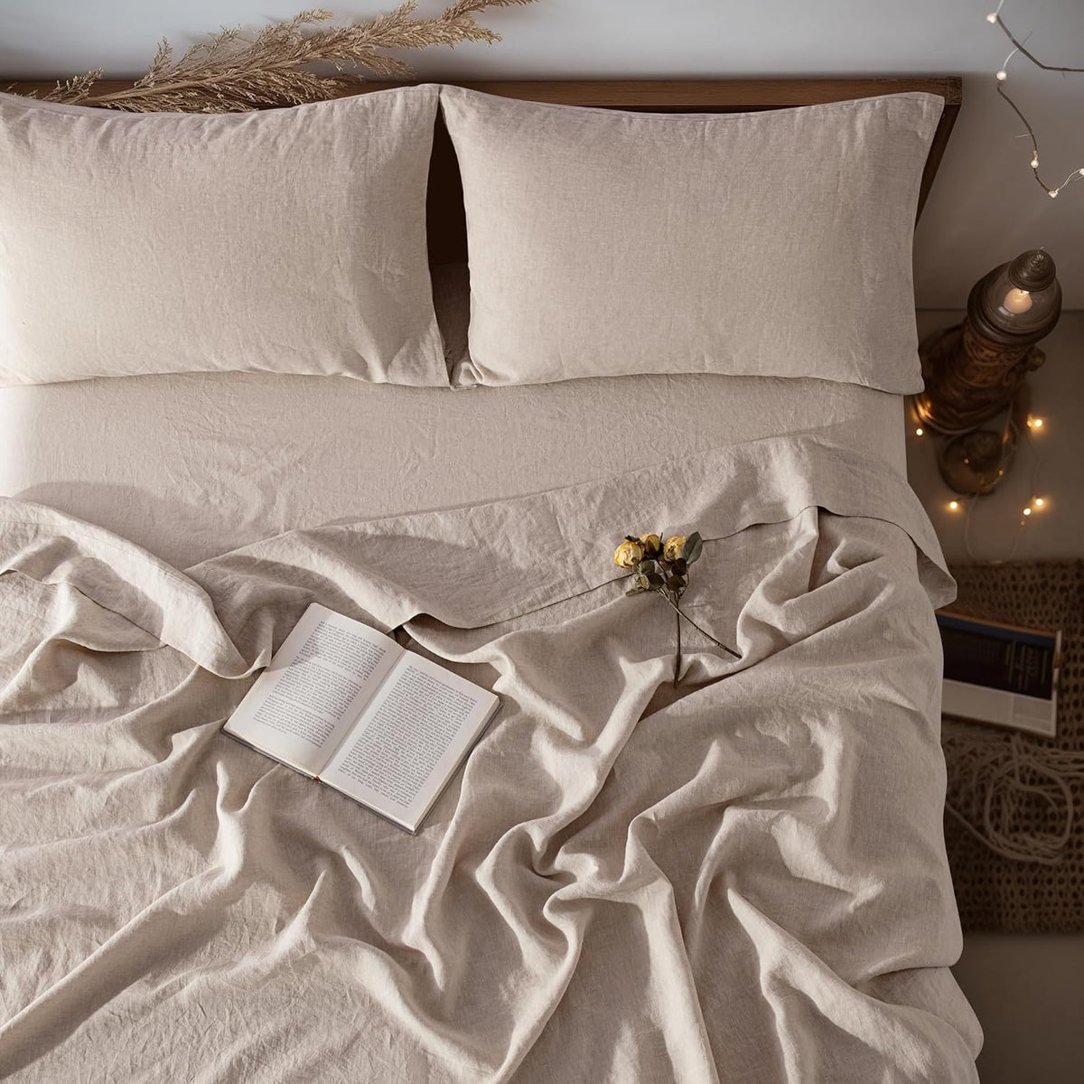 LBRO2M 100% Pure Linen Sheet Set Deep Pocket Up to 16' Bed Sheets Sets, Natural Flax Beddings Soft, Breathable, Comfortable for All Seasons 4 Pcs Sheet Set California King Size, Linen Color