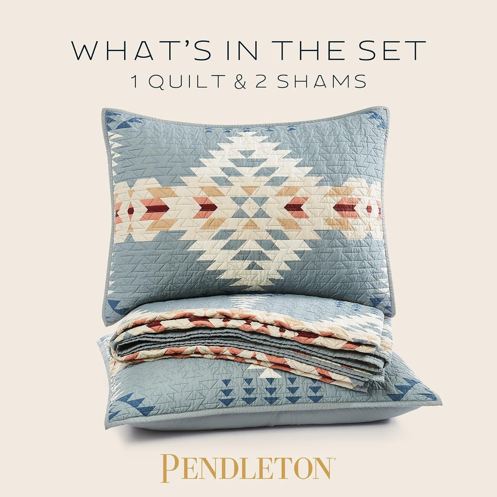 Pendleton King Quilt Set – 100% Cotton 3 Piece Quilt Set with Shams, Soft Lightweight Bedding for King Size Bed, Light Blue Patterned Comforter Alternative, King Bedding Set (Rancho Arroyo)