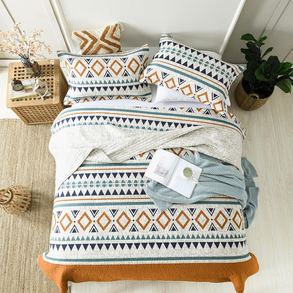 EWlinens Boho King Quilt Set - 100% Cotton Burnt Orange Quilts King Size, Bohemian Blue Lightweight Comforter Bedspread for King Bed, Soft Striped Geometric Quilt Bedding Set for All Season, 3 Pieces