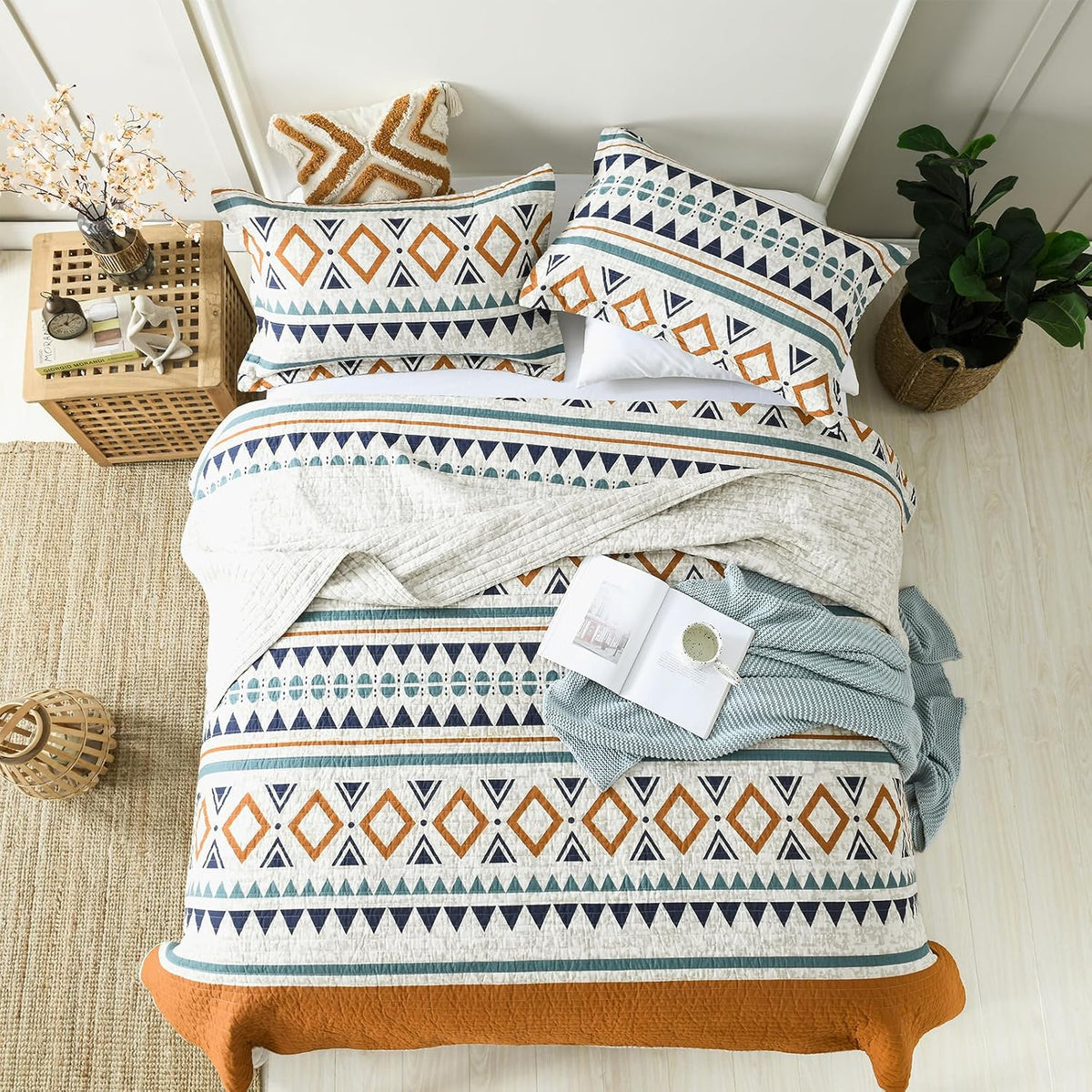 EWlinens Boho King Quilt Set - 100% Cotton Burnt Orange Quilts King Size, Bohemian Blue Lightweight Comforter Bedspread for King Bed, Soft Striped Geometric Quilt Bedding Set for All Season, 3 Pieces