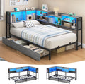 Hasuit Corner Bed Frame Twin XL with 2 Drawers and Storage Bookcase, Daybed with Charging Station and LED Lights, Metal Platform Bed with Bookshleves,Twin XL Bed Frame for Kids Teens Guests, Oak Gray